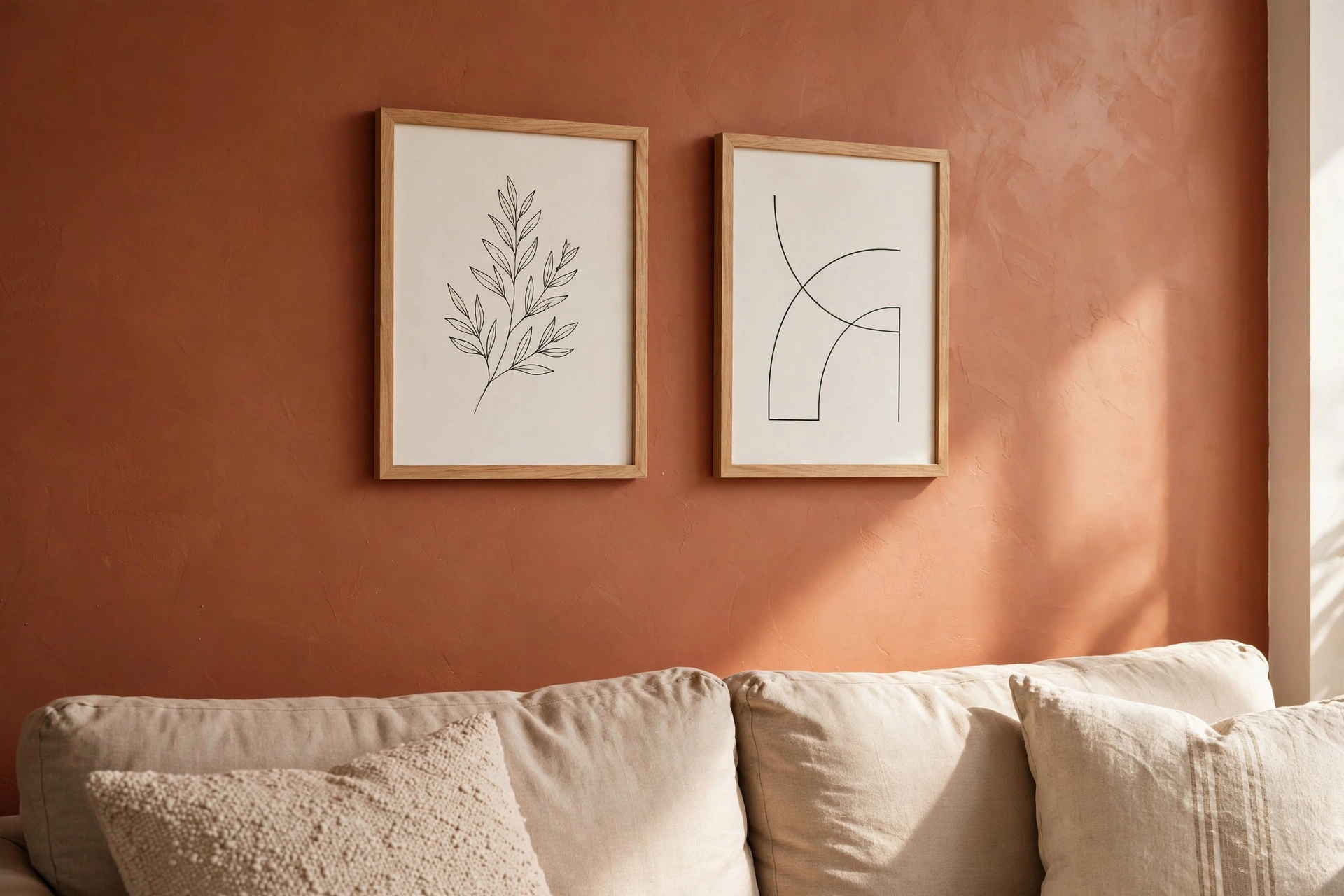 Terracotta accent wall behind a beige sofa