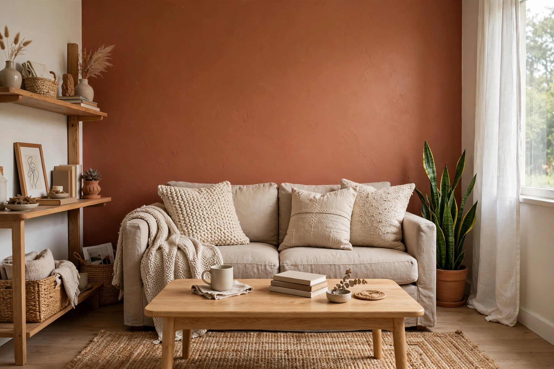 Cozy small living room with terracotta accent wall