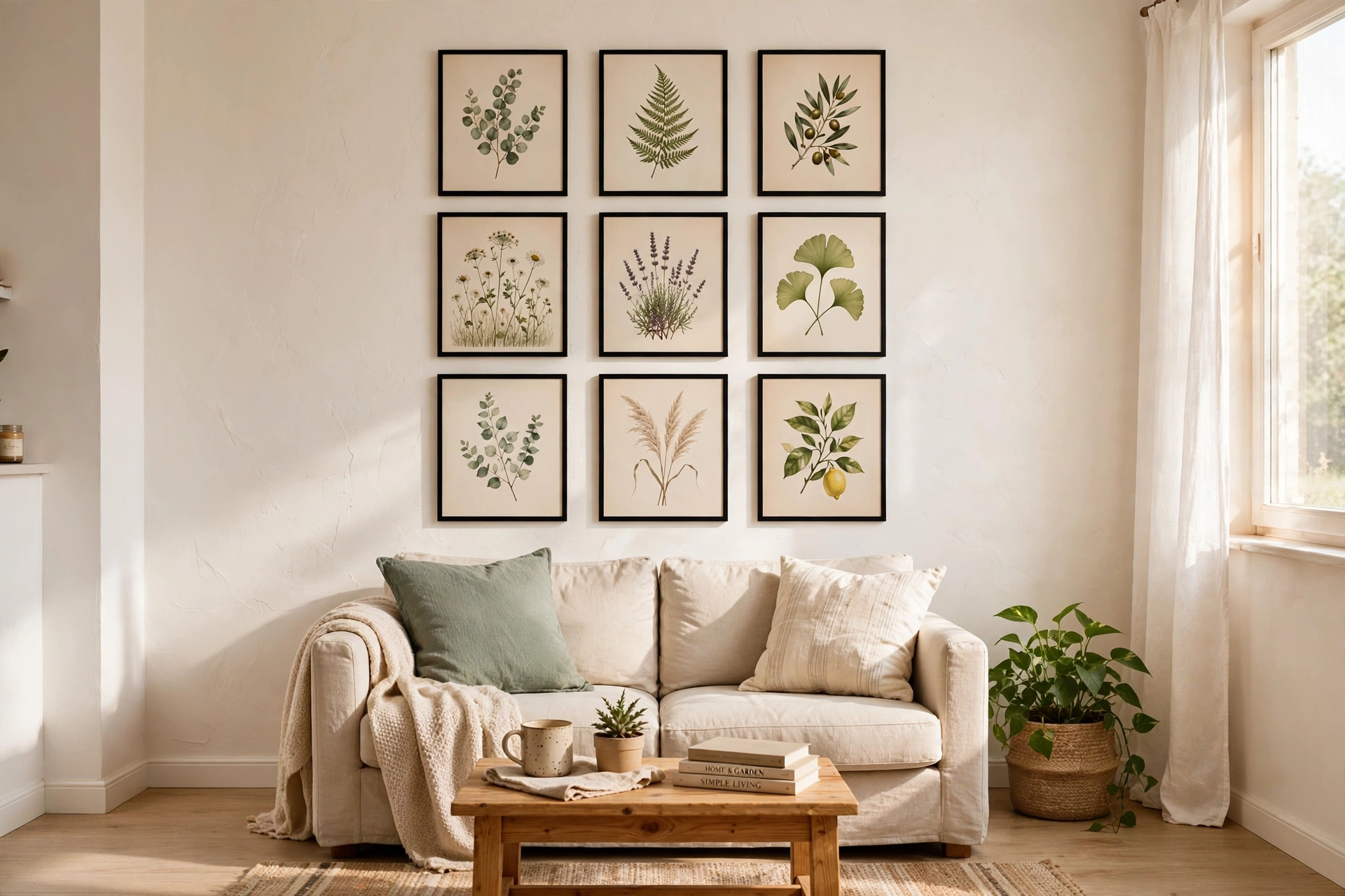 Gallery wall of framed prints above a sofa
