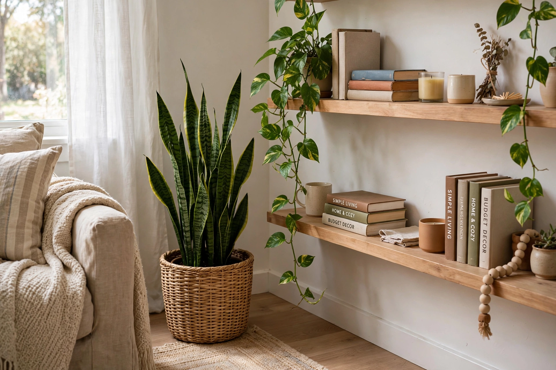 Corner with snake plant and styled shelves